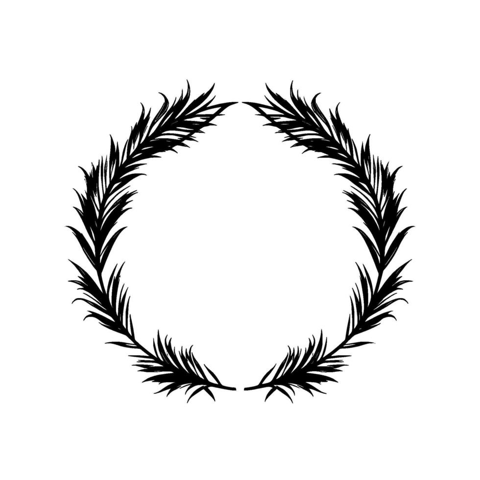 Black and White Illustration of a Circular, Decorative Wreath Made of FernLike Leaves on White Background. vector