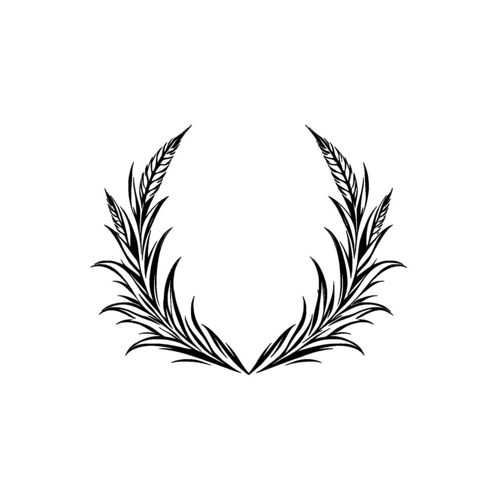 Symmetrical black and white illustration of a decorative floral wreath composed of stylized wheat or leaf elements. vector