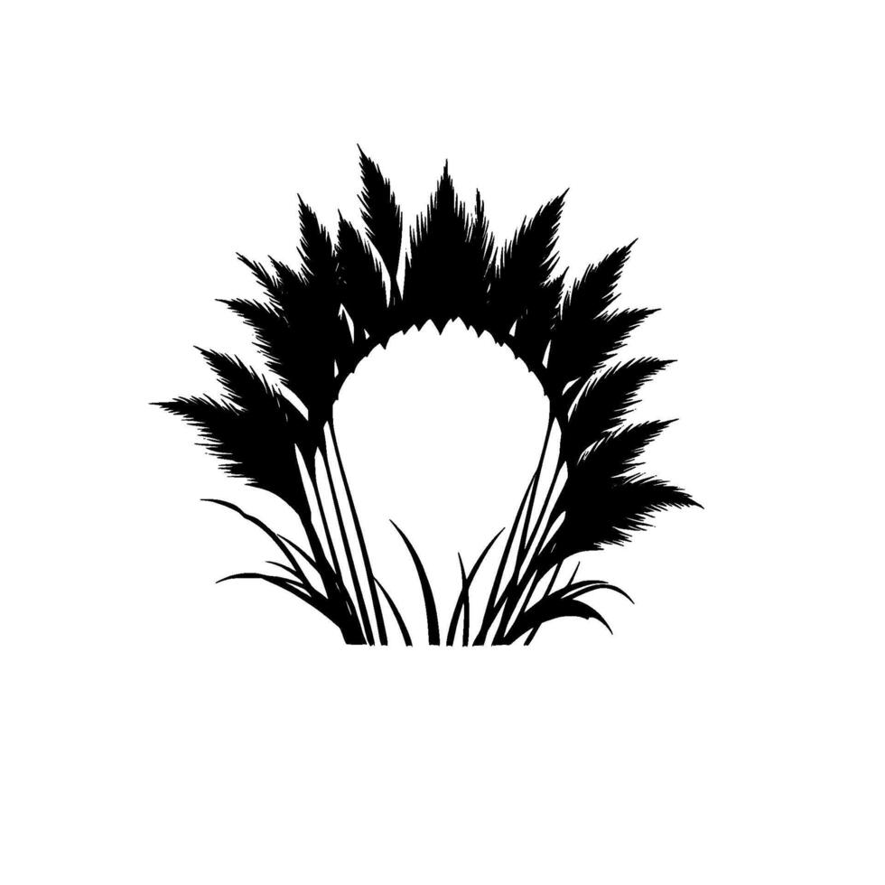 Black Silhouette of Ornamental Grasses Forming an Arch with a White Circle Center on a Minimalist White Background. vector