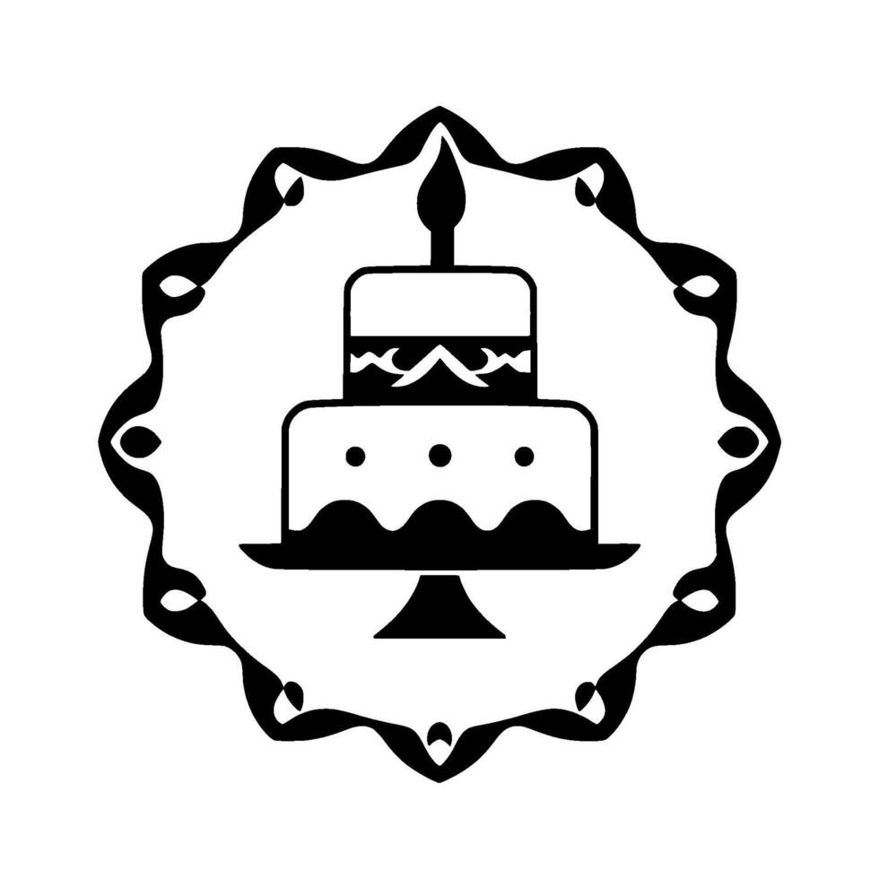 Black and White Birthday Cake Inside a Decorative Ornate Frame, Featuring a Lit Candle, Dots, and Wavy Details. vector
