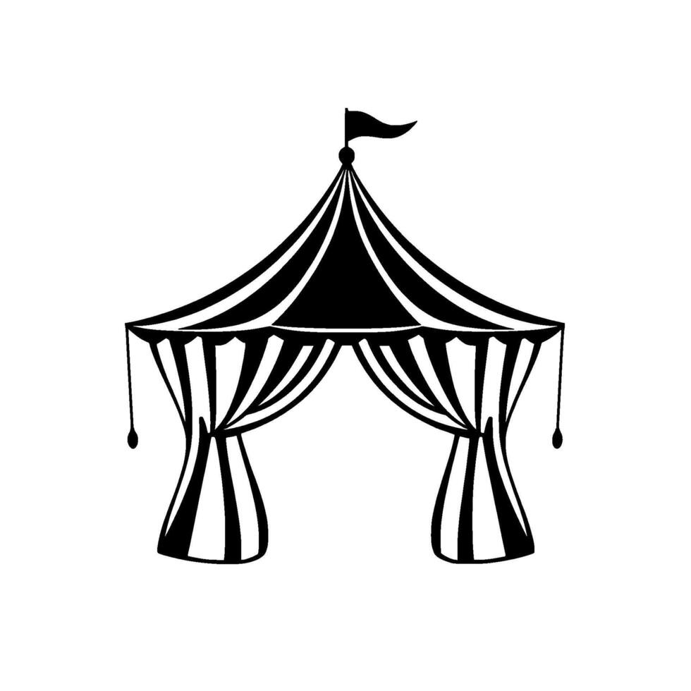A Classic Circus Tent Silhouette, Black White , Flag on Top, Elegant Stripes, Isolated on White, Simple . vector