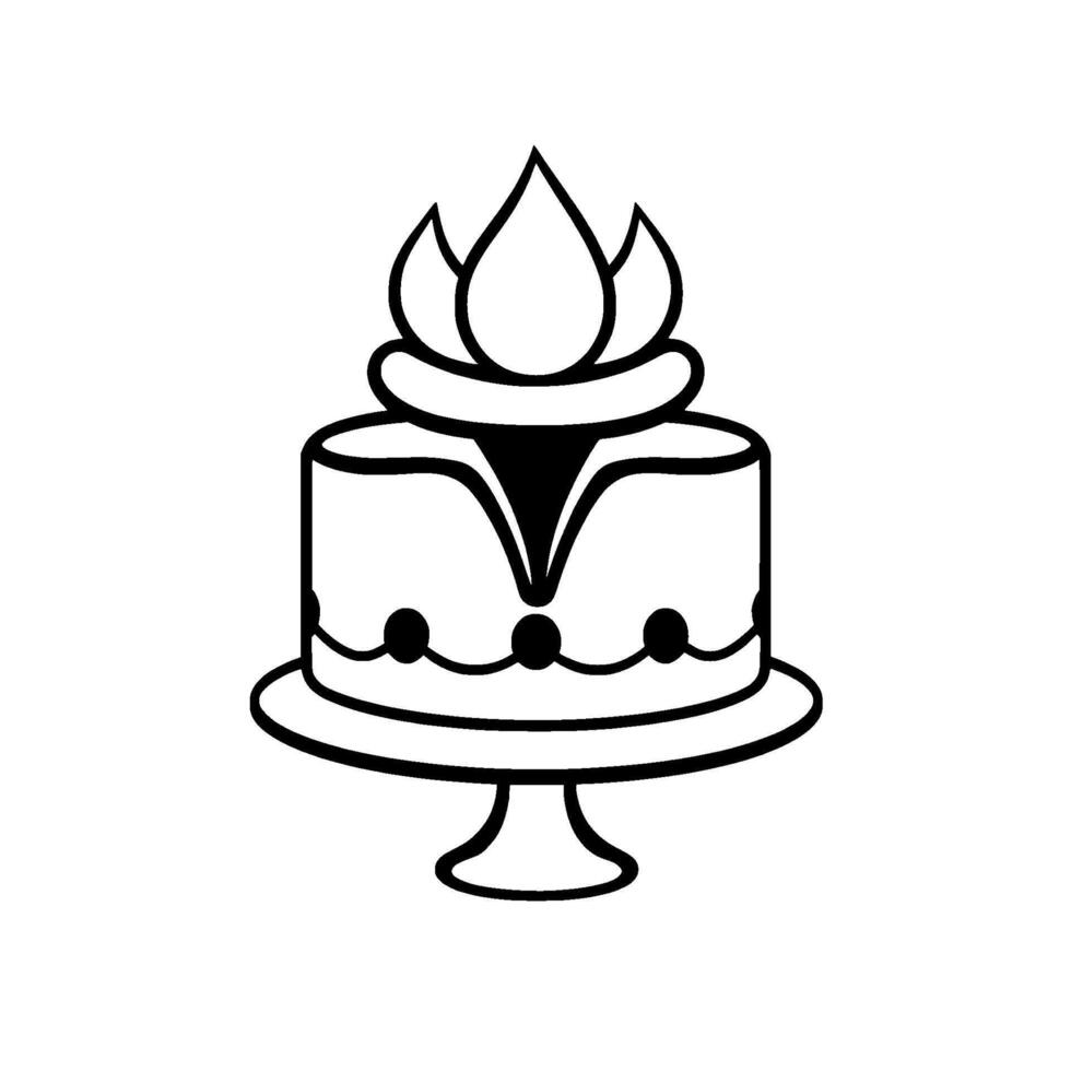 Minimalist black and white illustration of a tiered cake adorned with a florallike top and a pedestal base, framed by a subtle gray circle. vector
