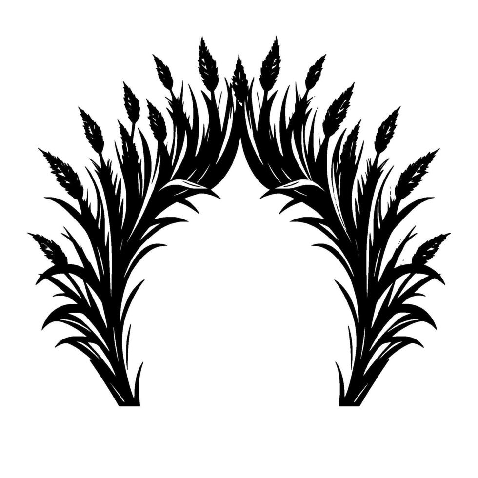 Black and white symmetrical archway formed by stylized wheat and grass, creating a decorative botanical . vector