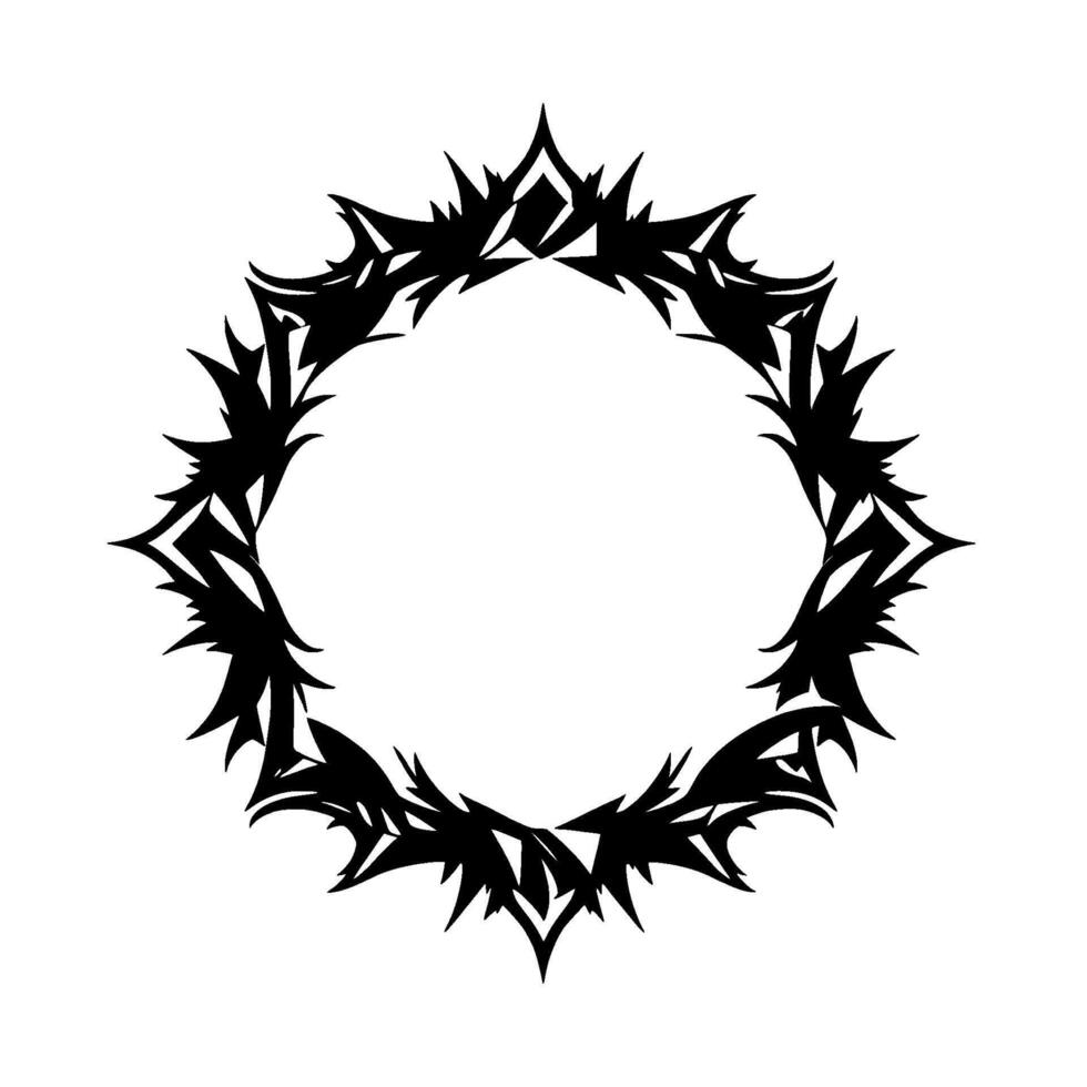 Intricate Black Silhouette Wreath Featuring Sharp, Spiked, and Pointed Geometric Shapes Surrounding a Circular Empty Space on White Background. vector