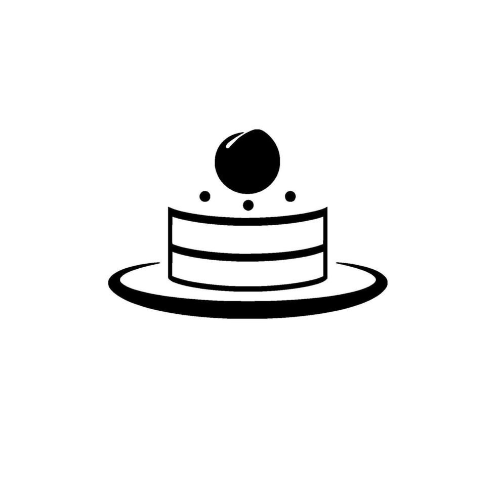 Minimalist Black and White Cake Illustration, Featuring a TwoLayered Cake with a Large Round Topping and Small Dot Decorations, on a Circular Plate. vector