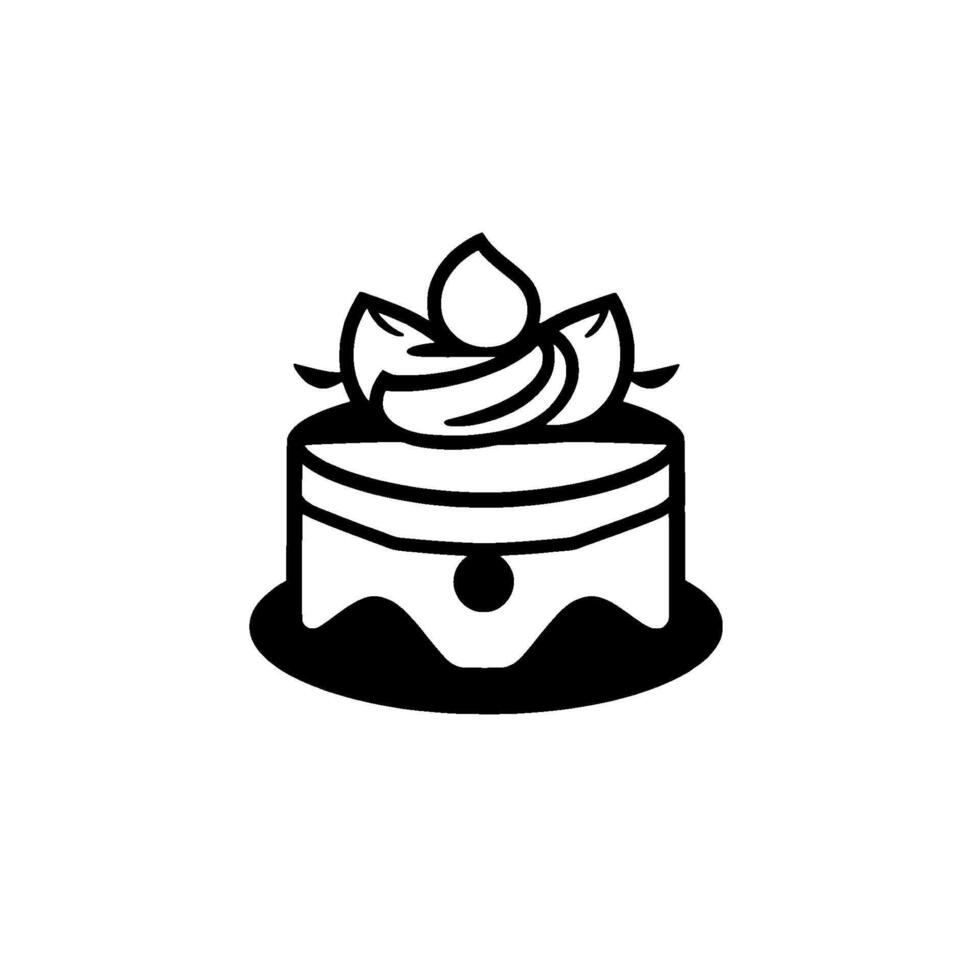 Minimalist black and white illustration of a small cake with stylized fruit or floral decoration on a plate. vector