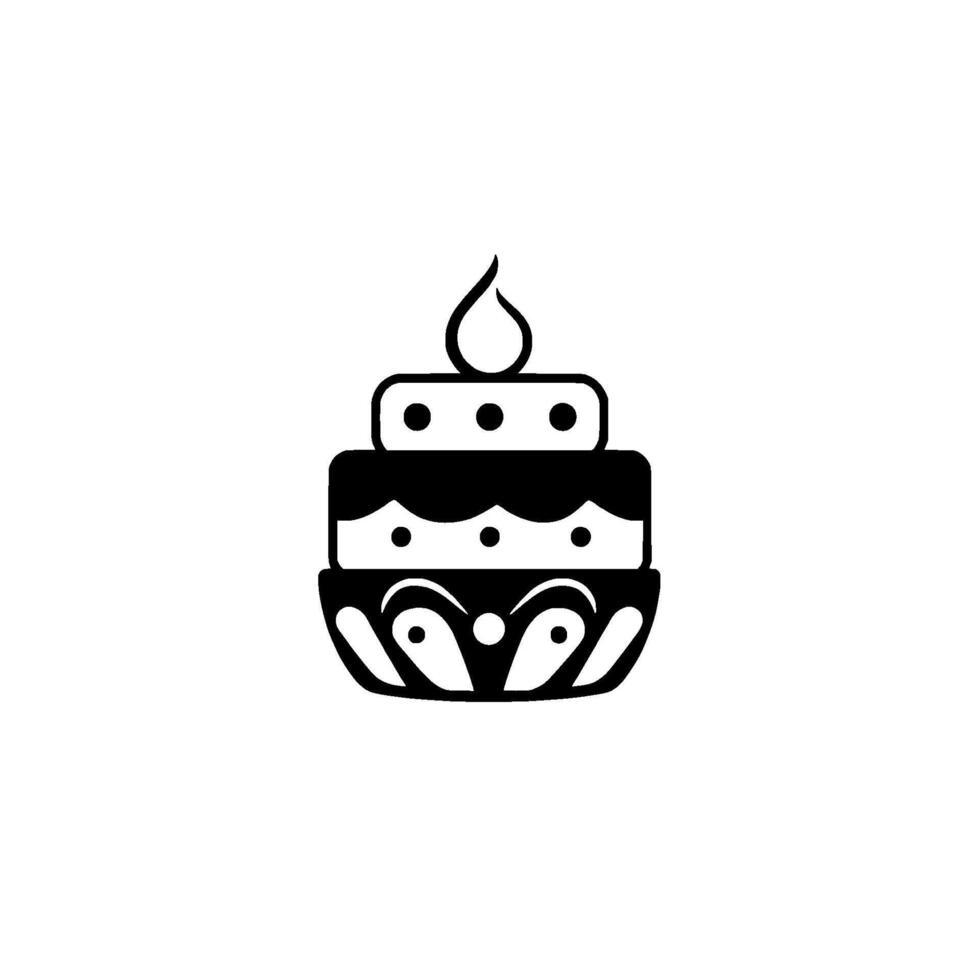 Black and white threetiered cake with ornamental base and a flameshaped top element, set against a stark white background. vector