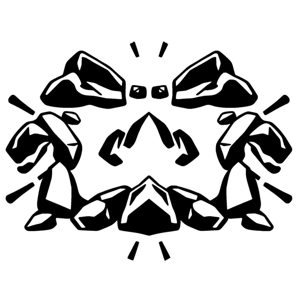 Symmetrical Stone Glyph Black and white geometric featuring repeating stonelike shapes and radiating lines, creating a stylized, abstract aesthetic. vector