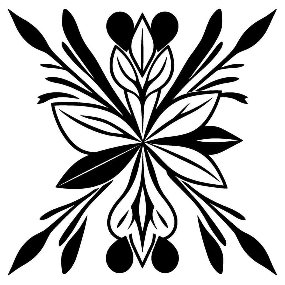 Symmetrical black and white floral mandala with stylized leaves, buds, and geometric arrangement, radiating from a central point. vector