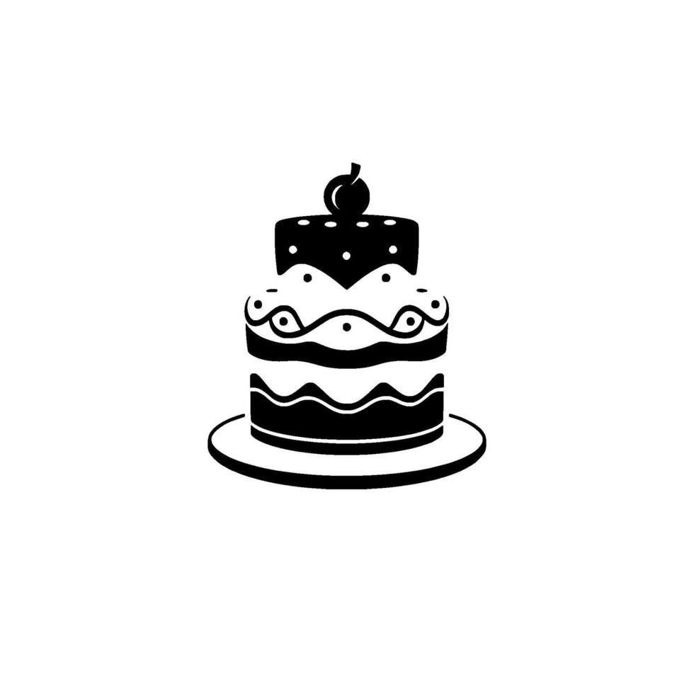 Minimalist Black and White Illustration of a TwoTier Cake with Cherry Topping on a Plate vector