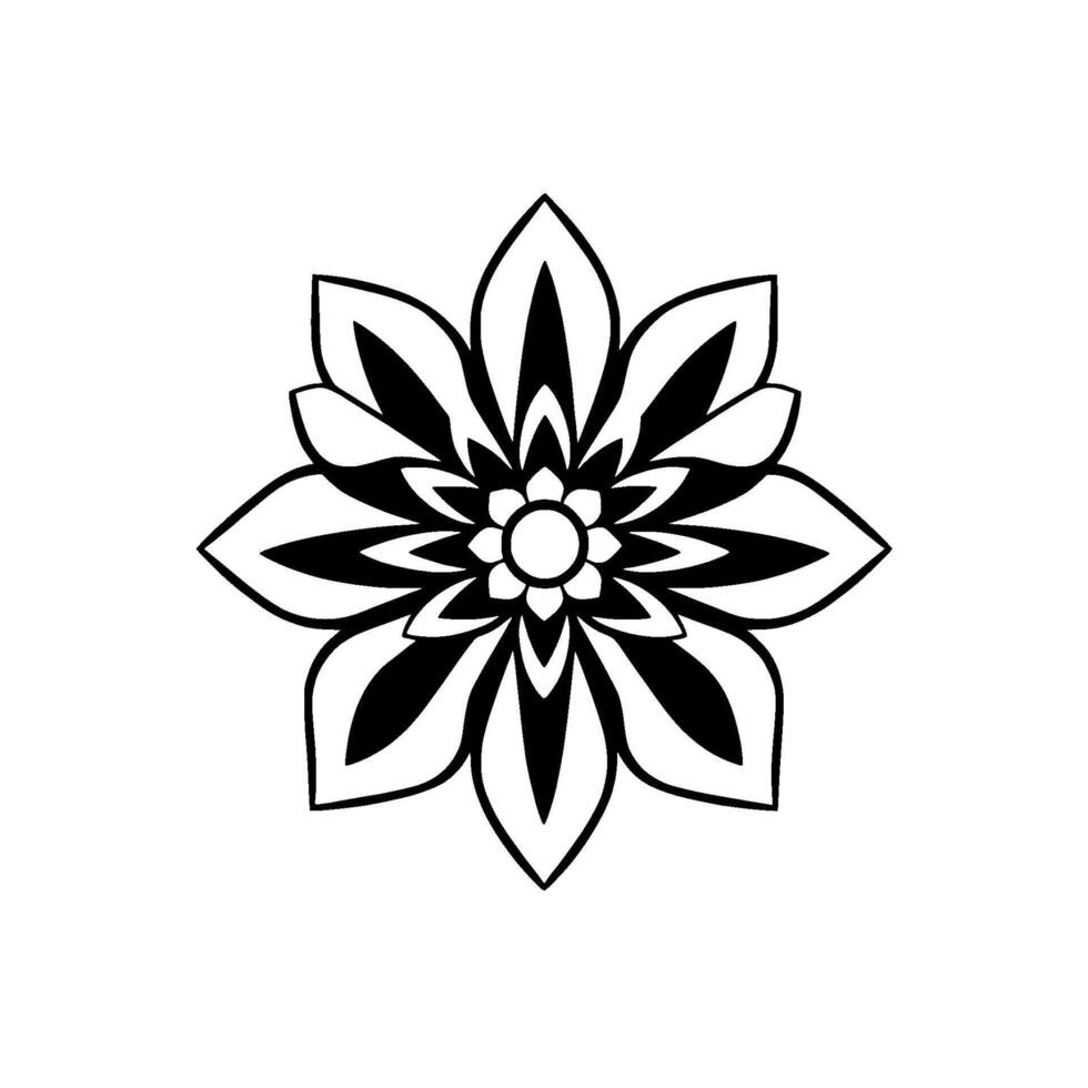Symmetrical Black and White Floral Featuring Petals, Geometric Shapes, and a Circular Center on a Pure White Background. vector