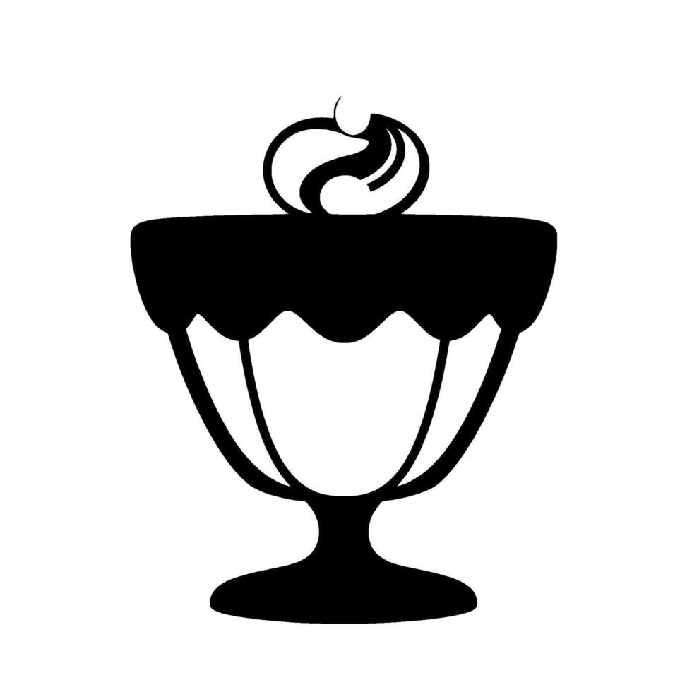 Black and white minimalist illustration of a sundae, a decadent dessert with whipped cream and cherry topping in a delicate glass. vector
