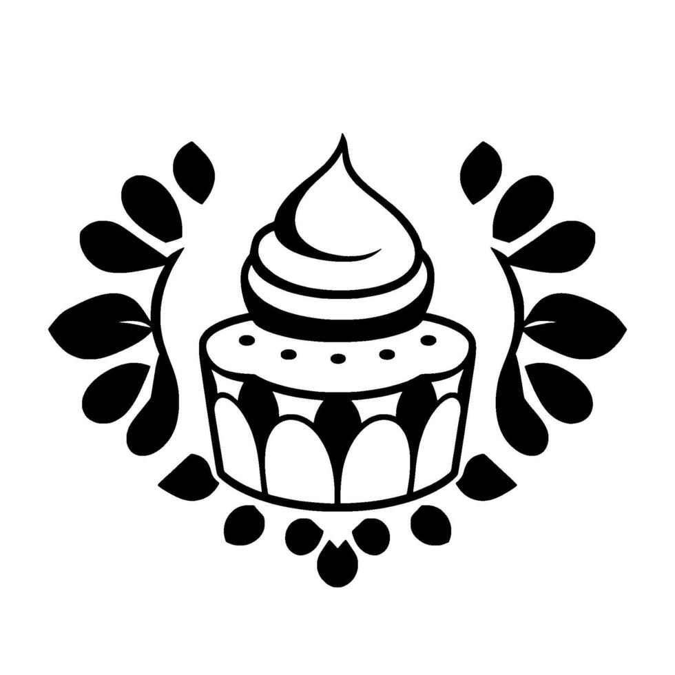 Elegant black and white illustration of a decorated cupcake with floral elements, perfect for celebrations. vector