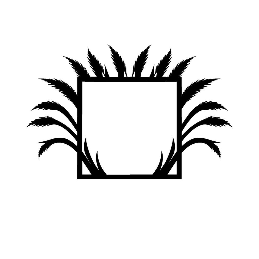 Monochrome Square Frame Ornamented with Black, FeatherLike Foliage and Plants, Isolated on White Background. vector