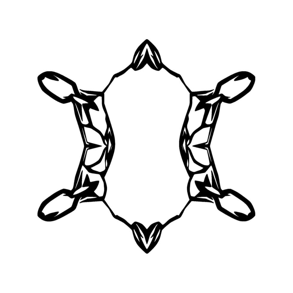 Symmetrical Black Ink Illustration Abstract Geometric TurtleLike with Interior Leafy Patterns, Simple Lines, and Isolated on White vector