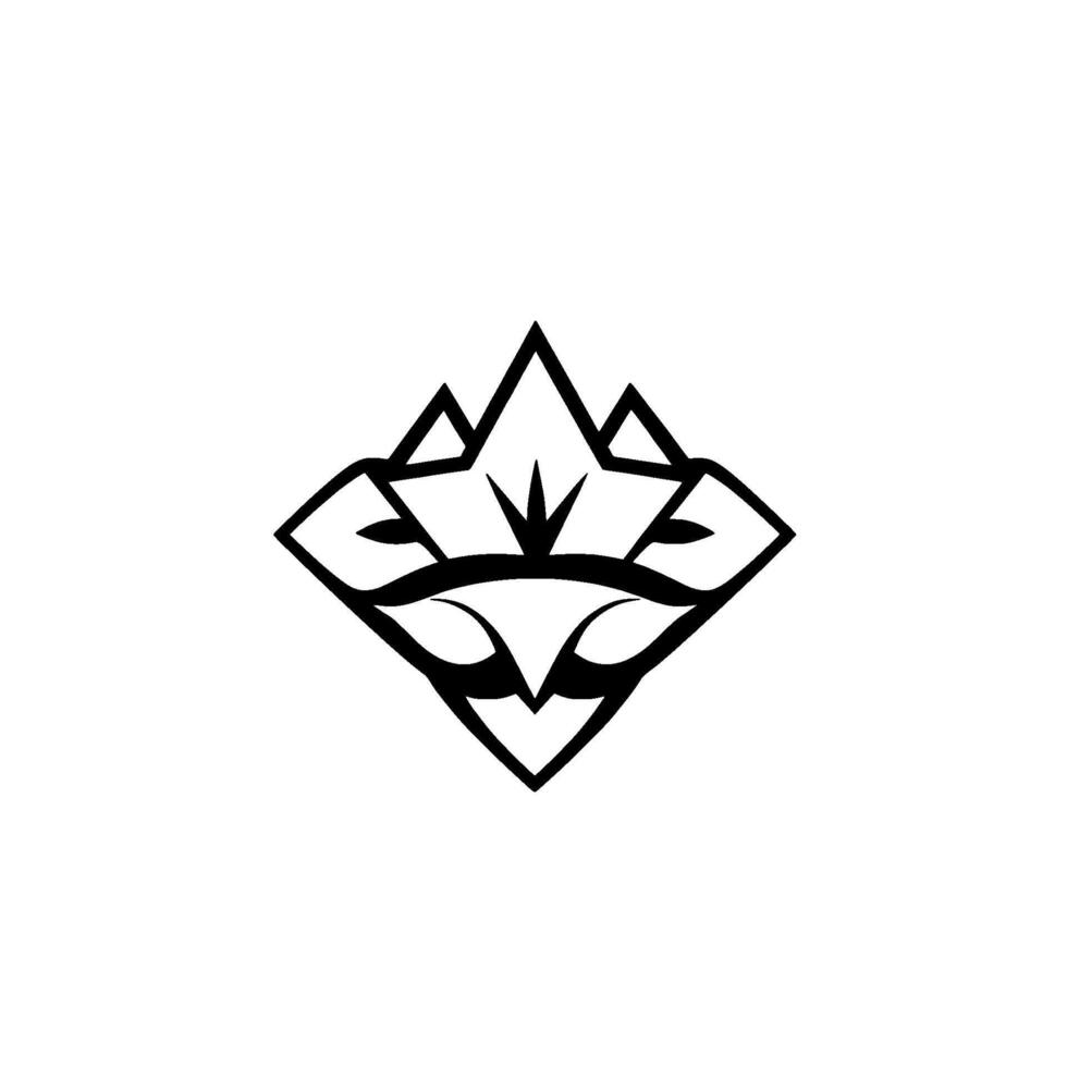 Geometric Black White Emblem Diamondshaped featuring stylized mountain peaks and stylized face, bold lines, and a minimalist aesthetic. vector