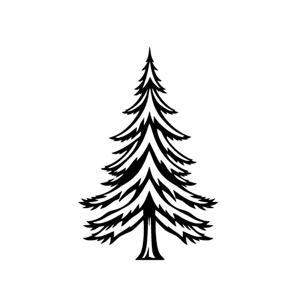 Minimalist, stylized black and white illustration of a symmetrical evergreen fir tree, and bold, isolated on a white background. vector