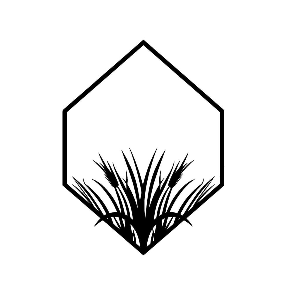 Geometric hexagon frame filled with stylized wheat field in black and white, perfect for logos and elements. vector