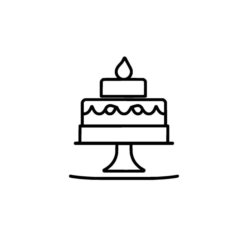 Minimalist Black and White Illustration of a ThreeTiered Cake with a Candle on a Cake Stand, Isolated on White. vector