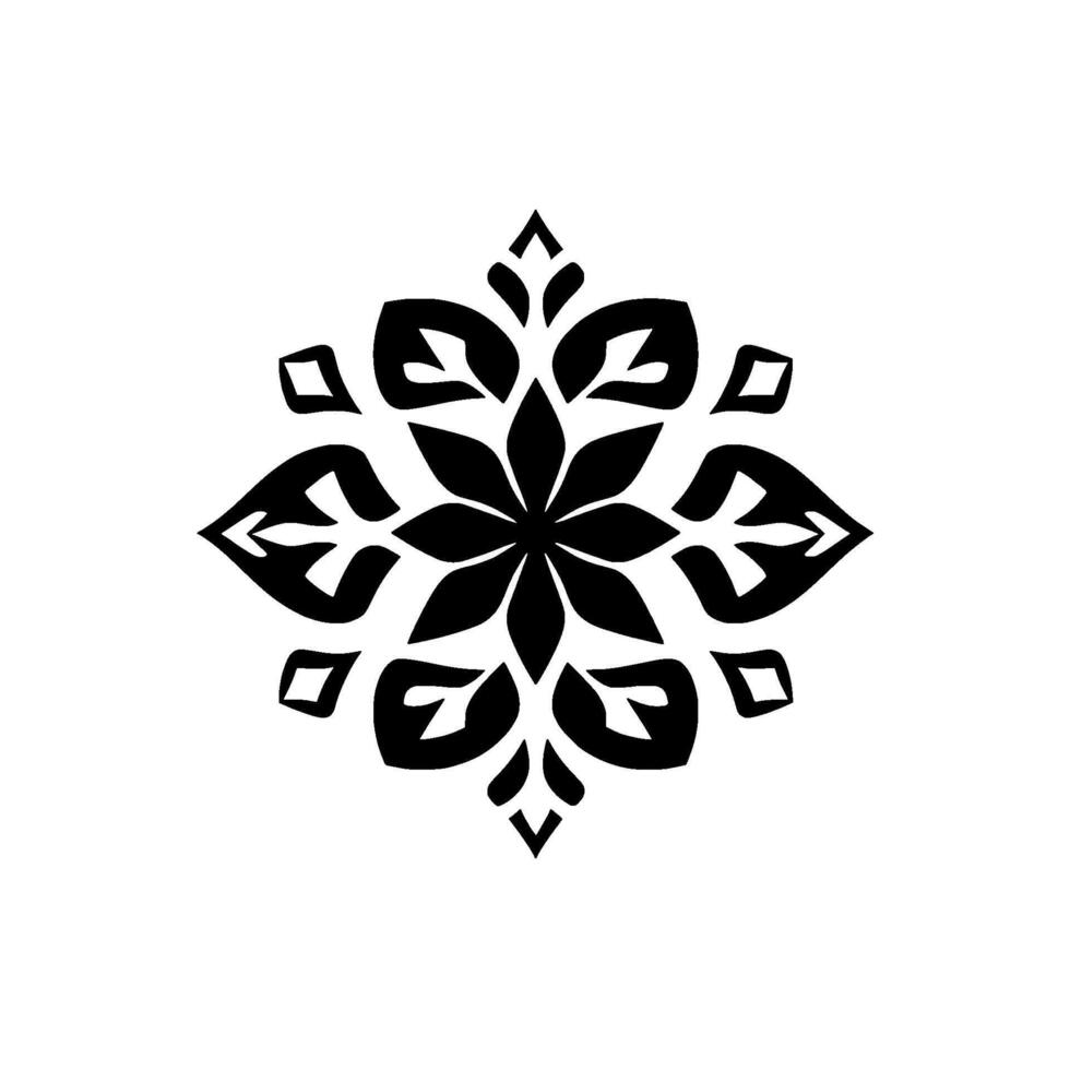 Symmetrical Black Floral Mandala with LeafLike Petals and Geometric Diamond Accents on White Background. vector