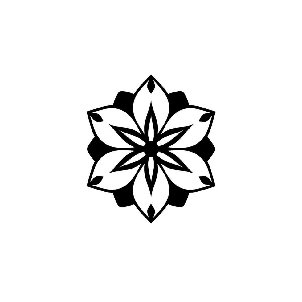 Symmetrical Black and White Floral Mandala with Layered Petals and Central Dot on White Background. vector