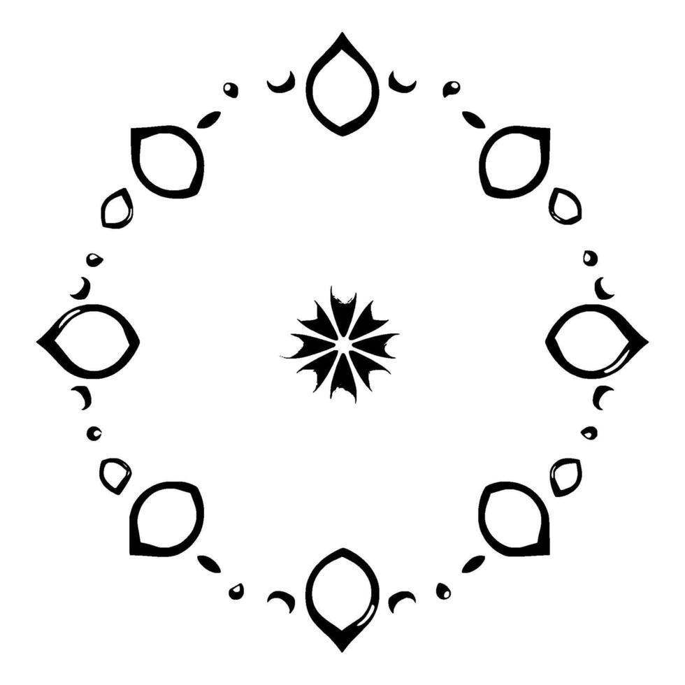 Geometric black and white symmetrical art piece, featuring a central starburst and a circular arrangement of stylized tear and eyelike shapes, with additional droplet and crescent details. vector