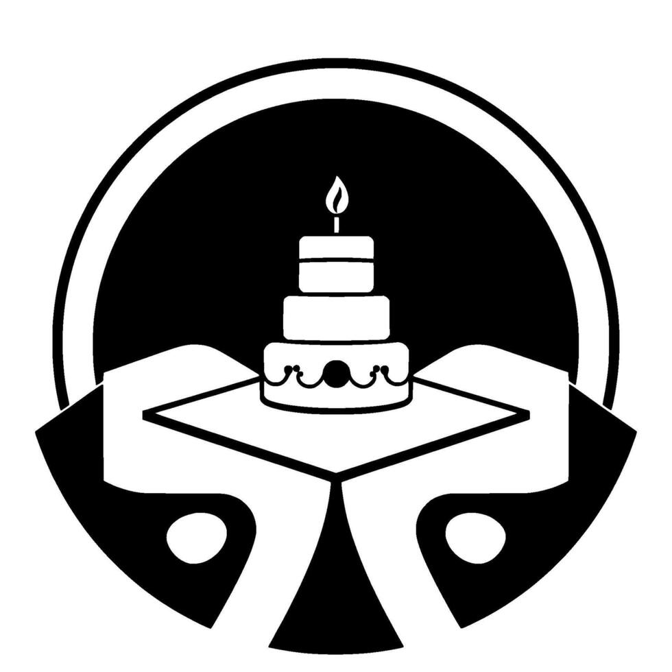 Minimalist Black and White Illustration of a ThreeTiered Birthday Cake with a Lit Candle, Presented on a Geometric Tray held by symbolic Hands within a Circular Frame. vector