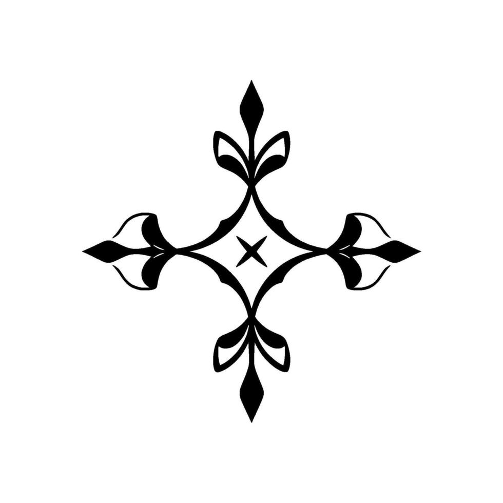 Symmetrical Black Ornament with Floral and Geometric Elements on White Background, Isolated Decorative Cross . vector