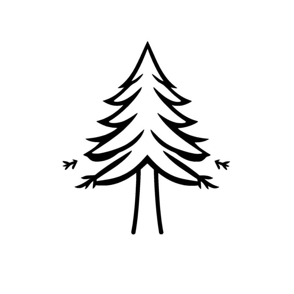 Minimalist Black Outline Illustration of a Conifer Tree with Extended Branch Tips on a Pure White Background. vector