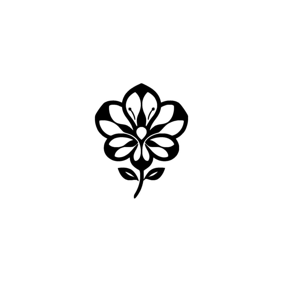 Elegant Black and White Floral Silhouette on White Simple, symmetrical of stylized flower with petals, leaves, and stem, on a clean, minimalist background. vector