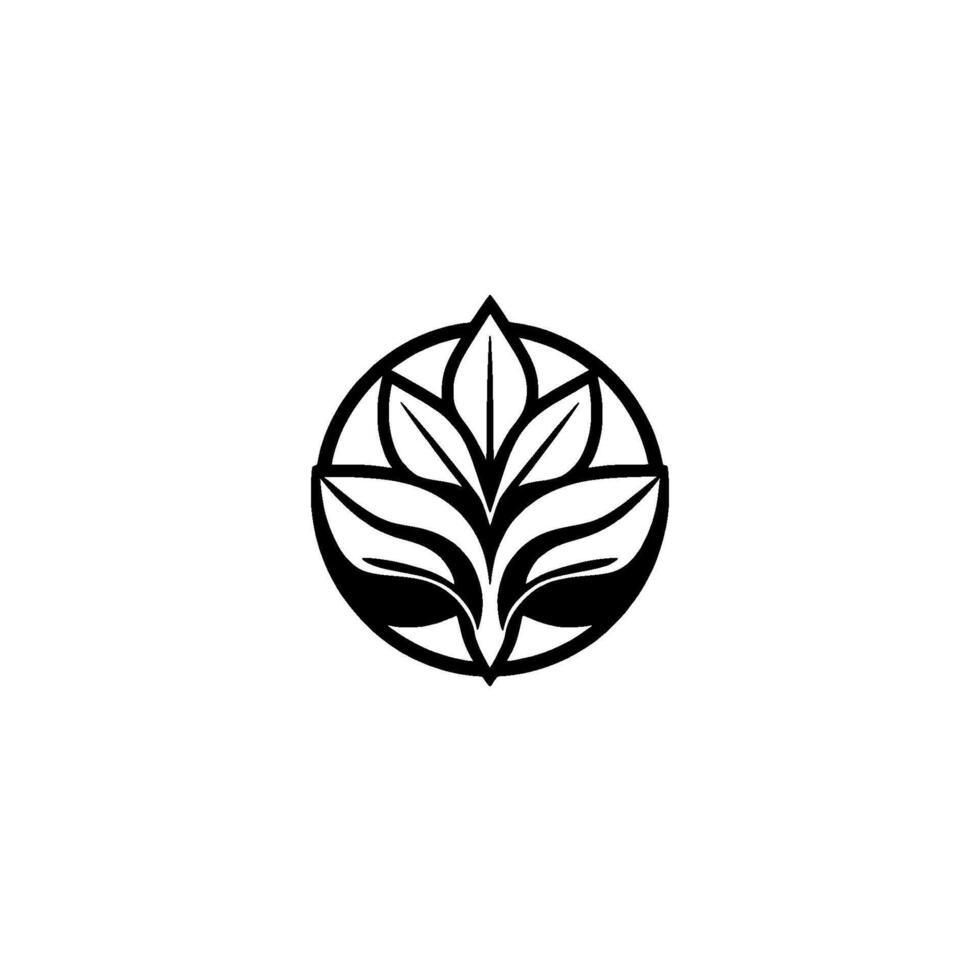 Monochromatic Botanical Emblem Stylized Leaves in a Circle, Minimalist Black and White . vector