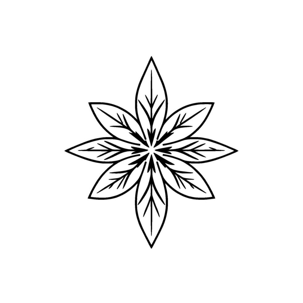 A symmetrical, black and white floral illustration featuring eight pointed, stylized leaves with intricate vein details, arranged in a circular pattern against a clean white backdrop. vector