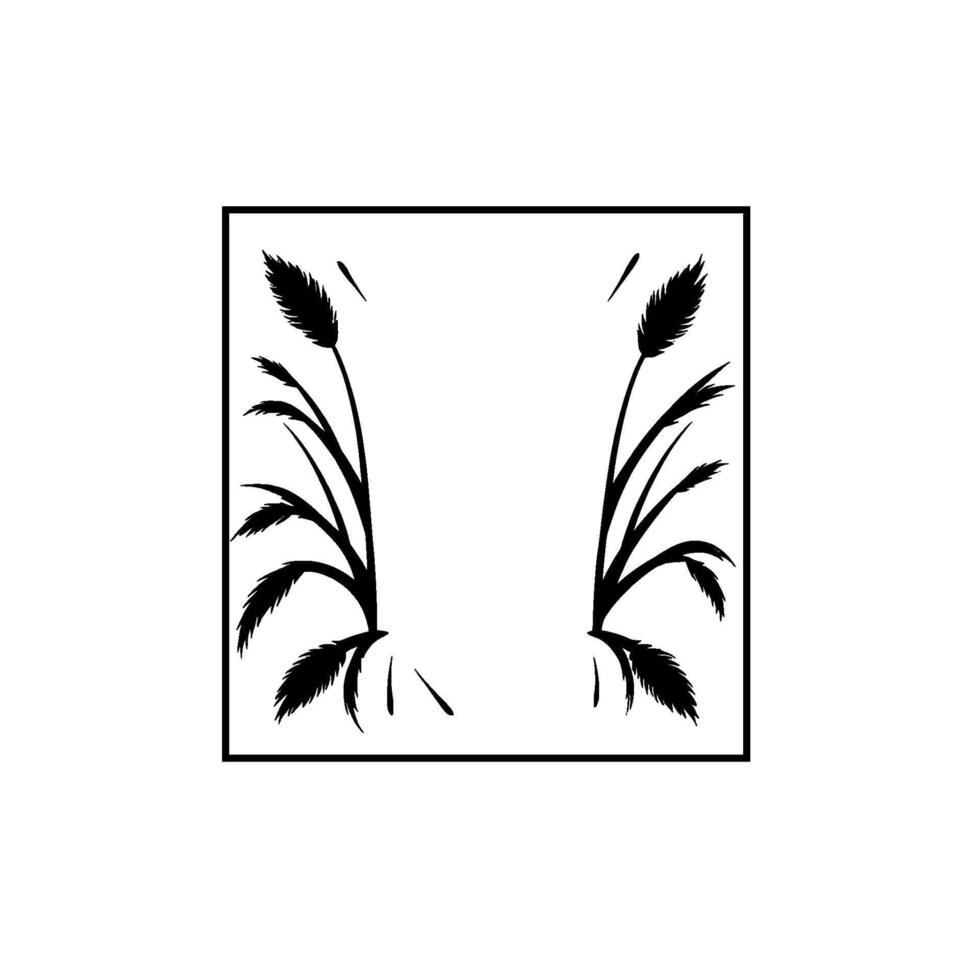 Stylized symmetrical minimalist illustration of black reed plants within a square frame on white background. vector