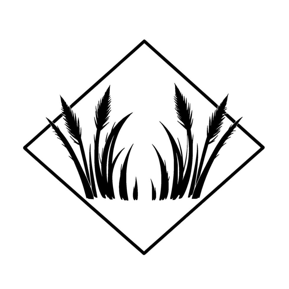 Elegant Black and White of Reeds and Blades of Grass Contained within a Diamond Shape, Simple, Minimalist . vector