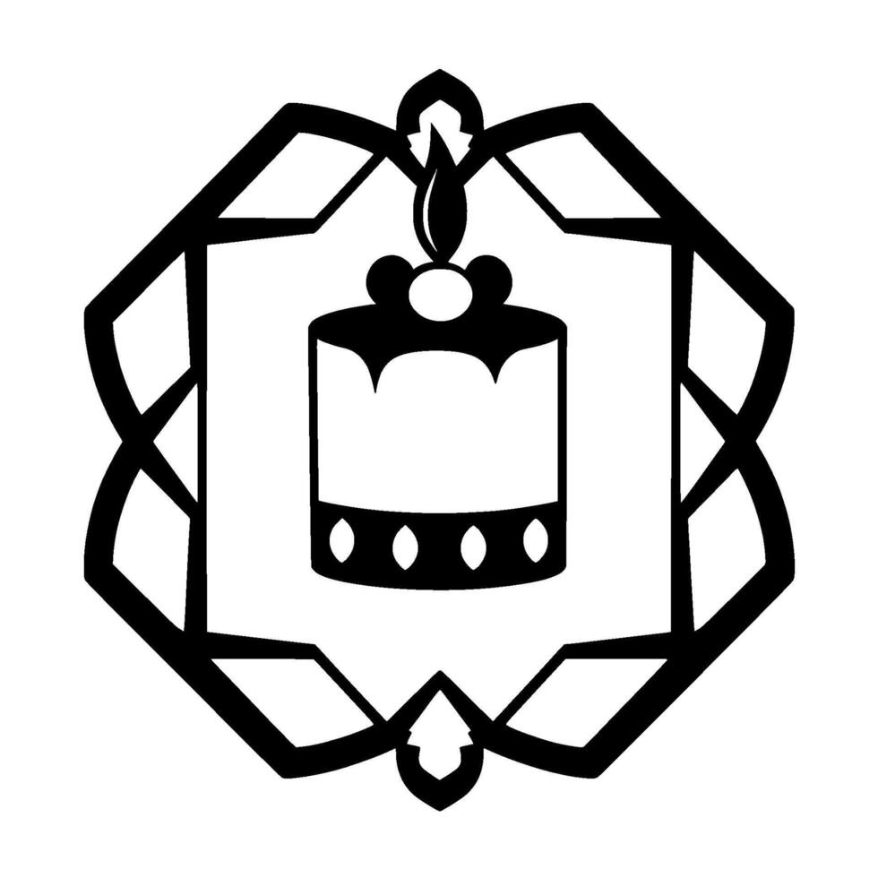 Black and white geometric illustration of a candle inside a decorative, angular frame with an octagonal and florallike form. vector