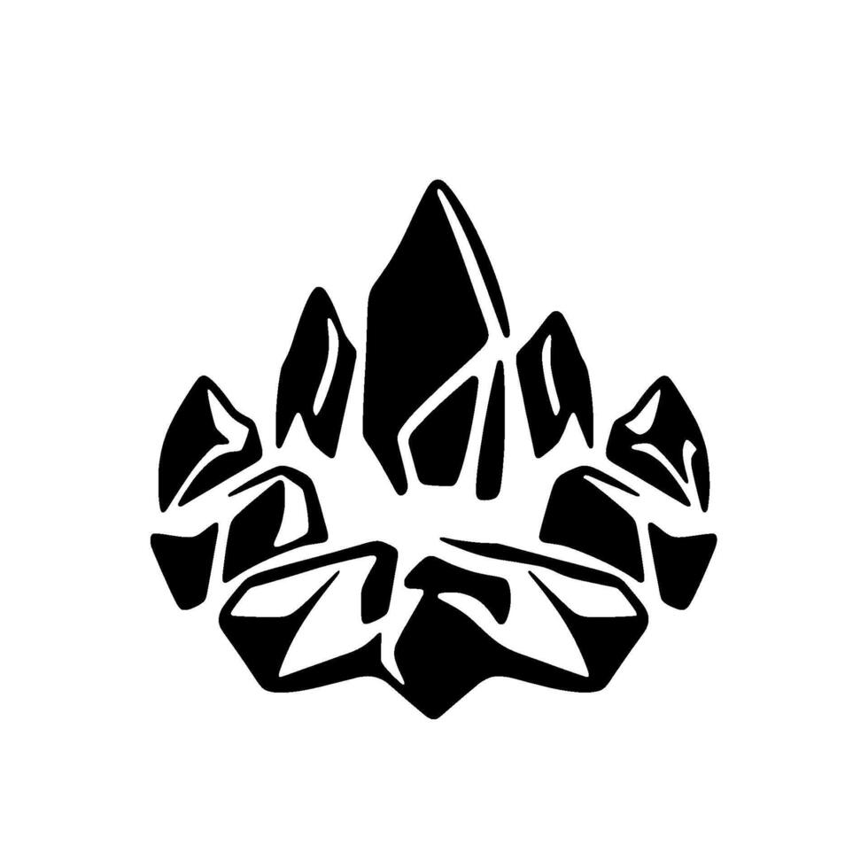 A black and white, minimalist, geometric of a stylized crystal cluster with sharp edges and a symmetrical, circular arrangement. vector