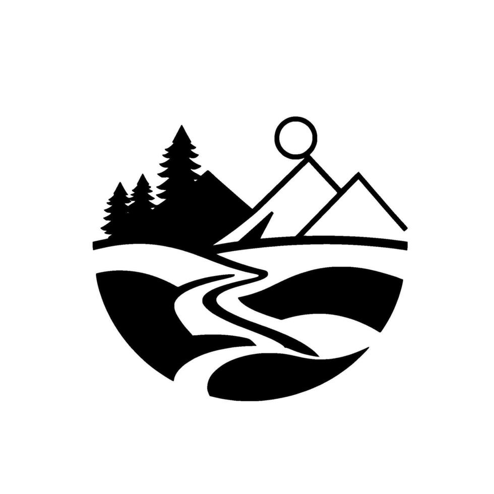 Black and White Circular Mountain, Forest, and Winding Road Illustration, Minimalist . vector