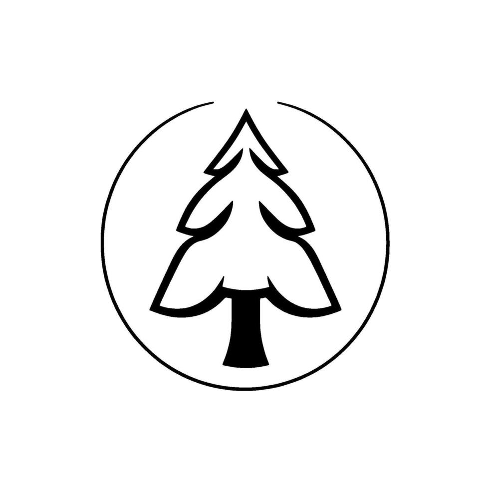 Minimalist Black and White Stylized Pine Tree Silhouette Encased Within a Circular Border, Representing Natures Simplicity. vector