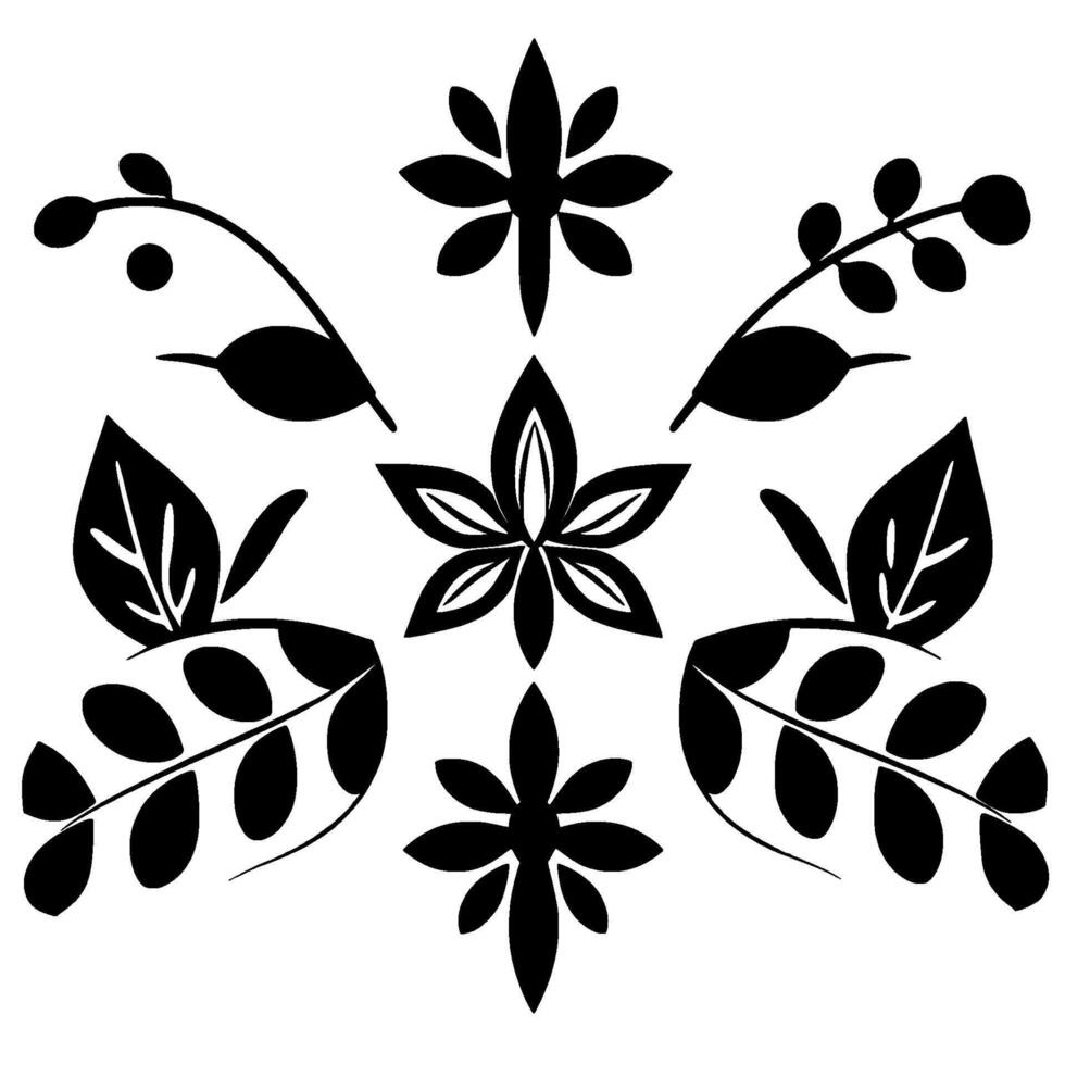 Black and White Floral and Foliage Pattern Symmetrical of Stylized Leaves, Berries, and StarShaped Flowers on White. vector