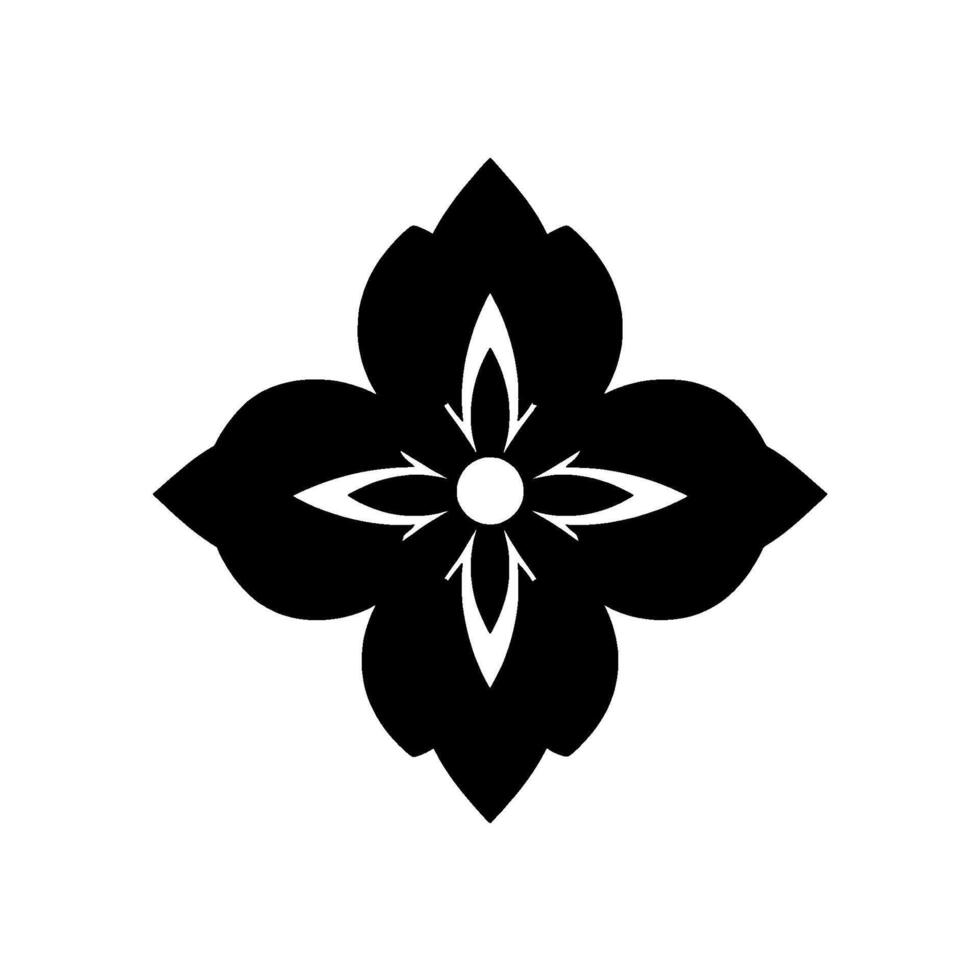 Symmetrical Floral Emblem in Grayscale Geometric Black Flower with White Accents Centered on a White Backdrop, Evoking Modern Elegance. vector