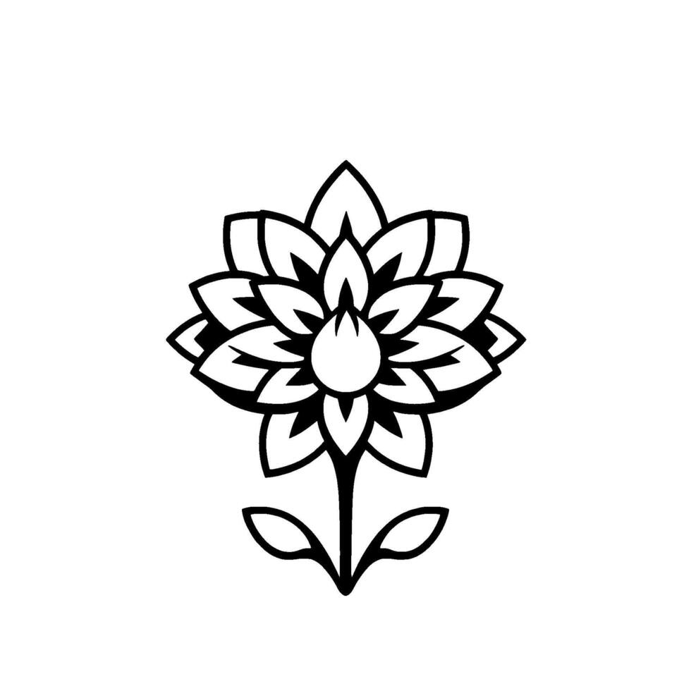 A symmetrical black and white line art floral featuring layered petals, stem and leaves, set against a plain white background. vector