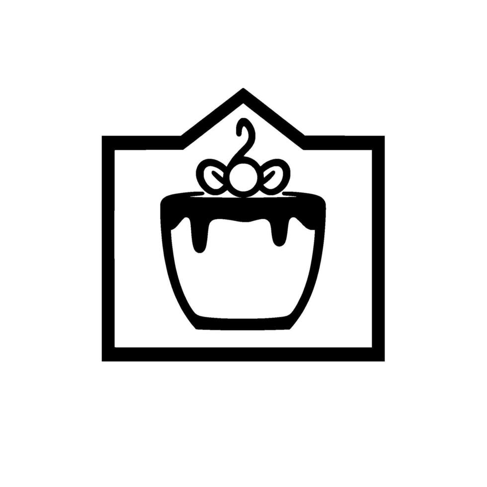 Minimalist Black and White Bakery A Drizzled Cupcake with Cherries in a HouseShaped Frame, Representing Sweet Treats and Homemade Delights. vector