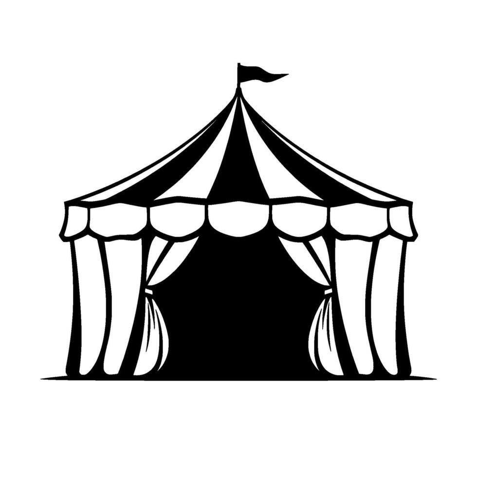 Black and white circus tent silhouette, striped roof, draped curtains, and a flag on top, minimalist . vector