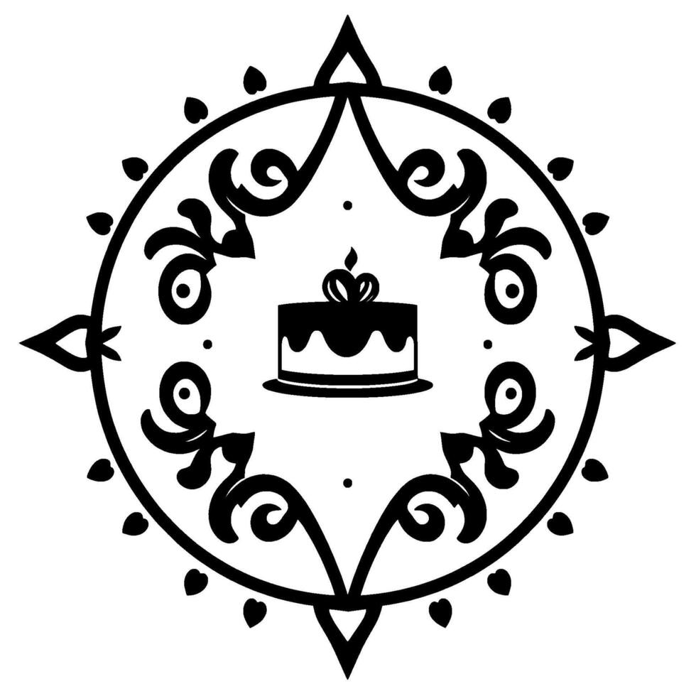A symmetrical, ornamental black and white featuring a cake at the center, embellished with stylized floral and heart motifs. vector