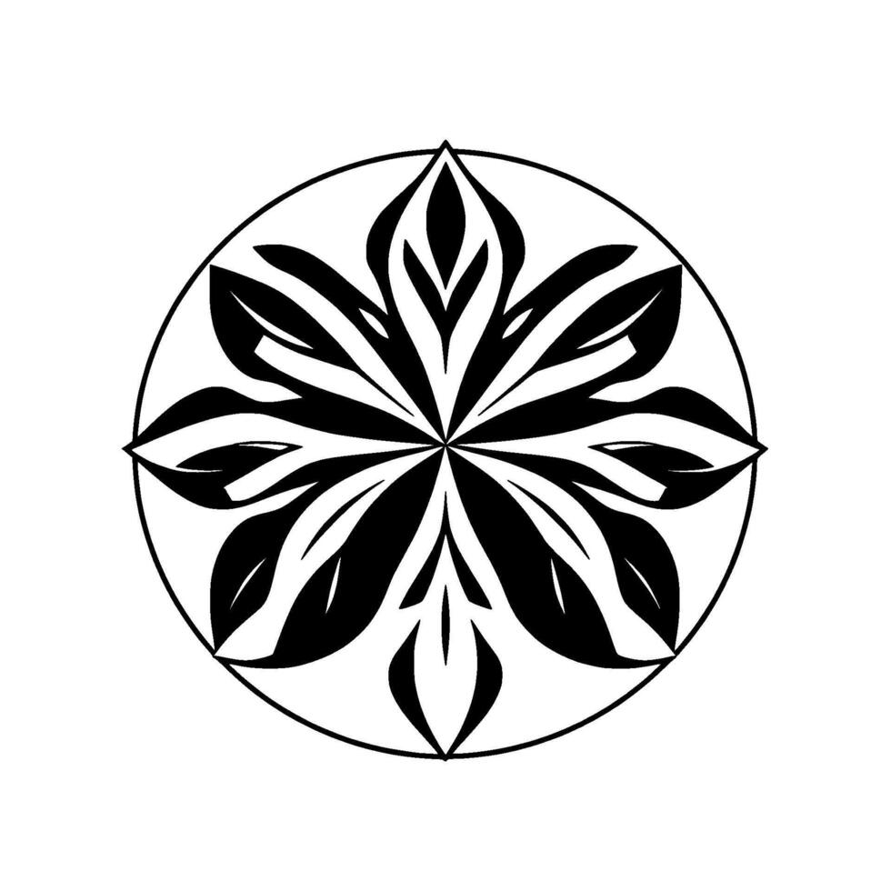 Symmetrical Black White Floral Mandala Inside a Circle, Botanical, Intricate Lines, Geometric Pattern, Artistic Illustration. vector
