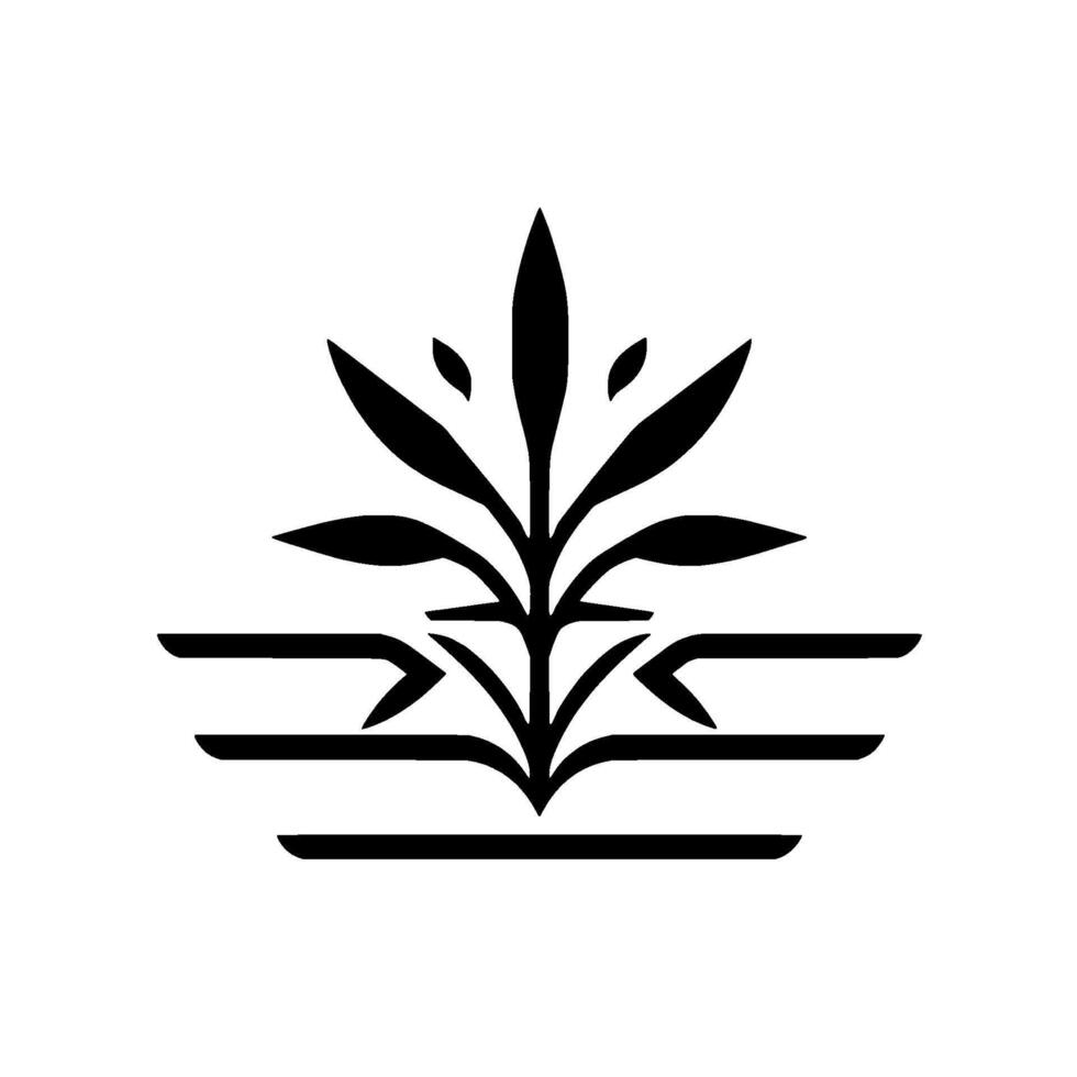 A minimalist, symmetrical botanical featuring stylized leaves and horizontal lines, rendered in bold black against a pure white background. vector