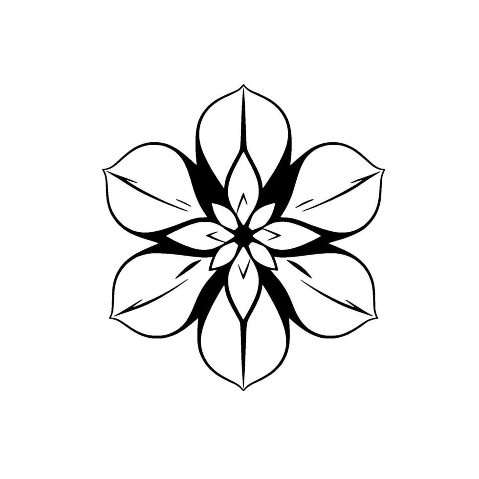 Symmetrical Black and White Floral Mandala Detailed with Bold Outlines and Delicate Inner Petals on a White Background. vector