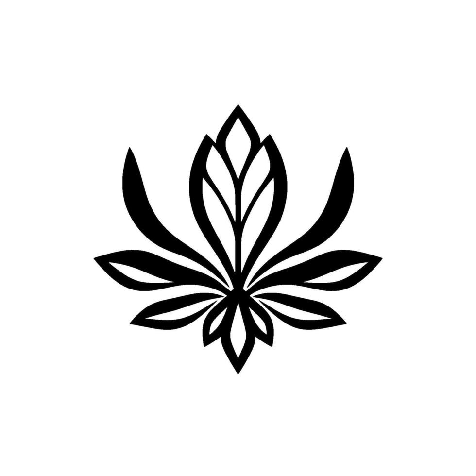 Stylized Black and White Floral Symmetrical, Minimalist Leaf Motif on White Background, Decorative Emblem. vector