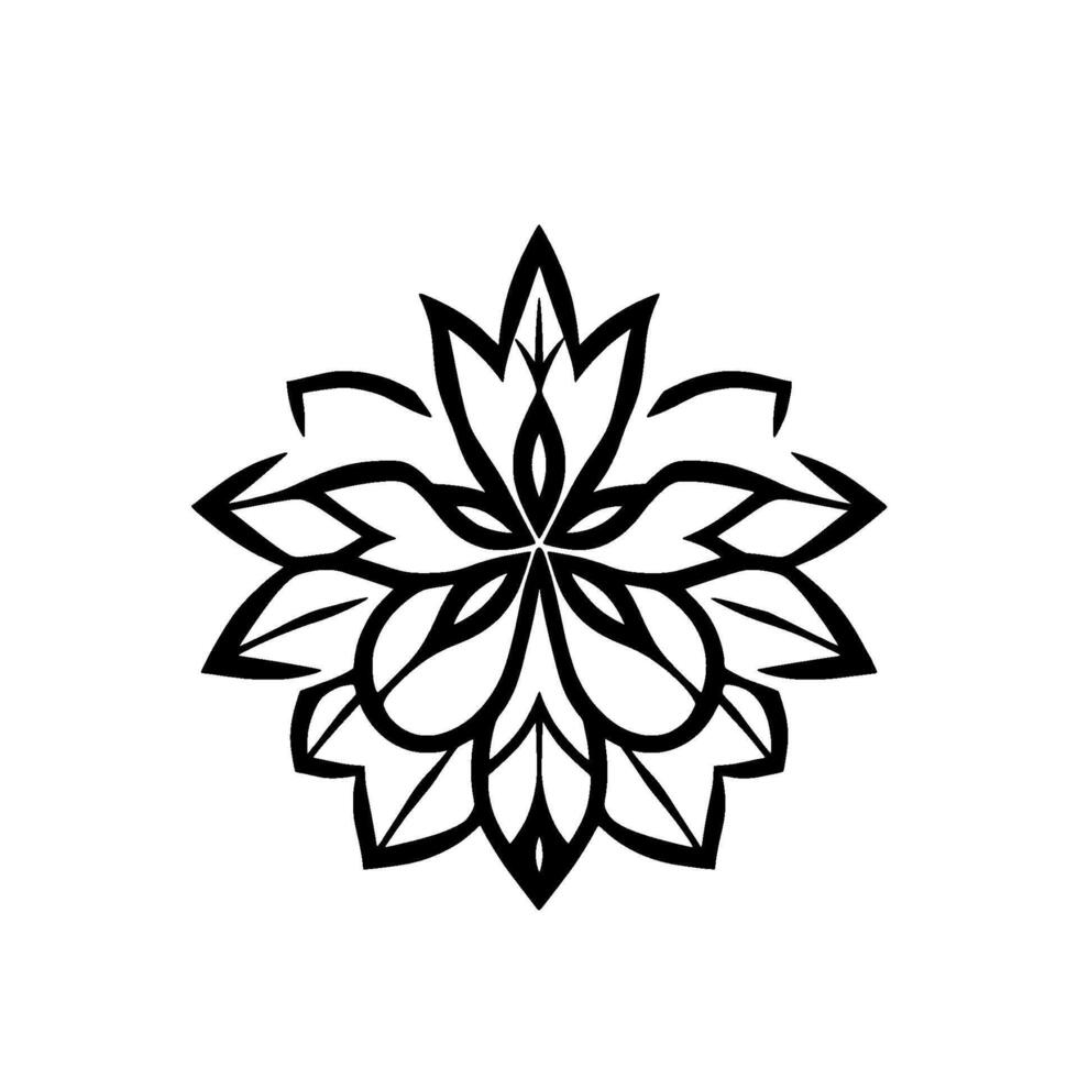 Symmetrical Black and White Floral Mandala , Featuring Intricate Leaf and Petal Patterns, Centered on a White Background. vector