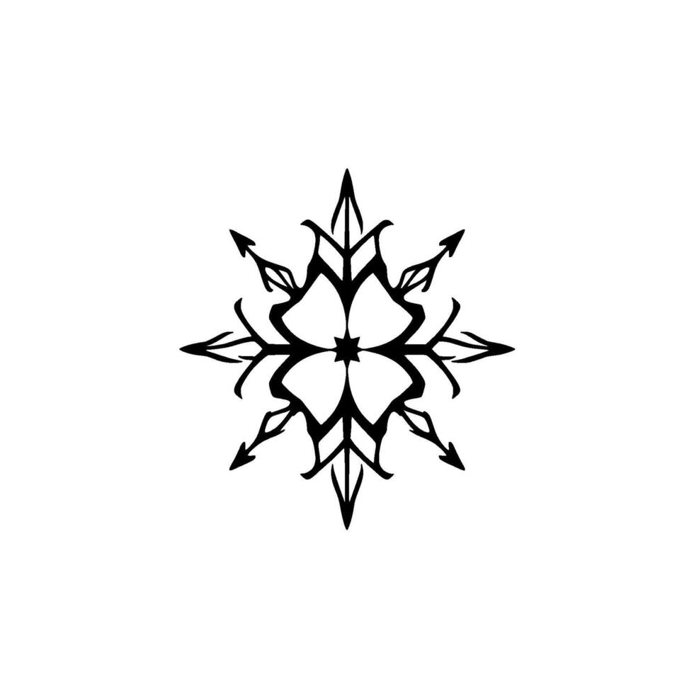 Intricate Black and White Floral Symmetrical StarShaped Ornament with Pointed Petals, Arrows and Botanical Elements on a Clean White Background. vector